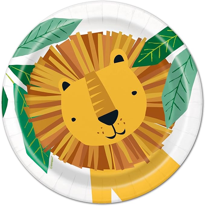 Round paper plate featuring a lion face with jungle leaves, ideal for a safari or jungle-themed kids’ birthday party.