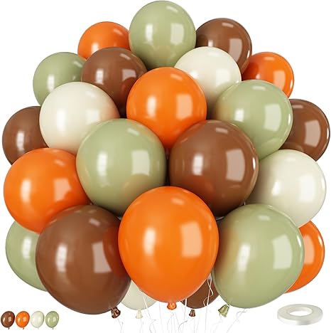 Set of 50 orange, green, brown, and cream 12-inch latex balloons for jungle safari birthday party decorations.