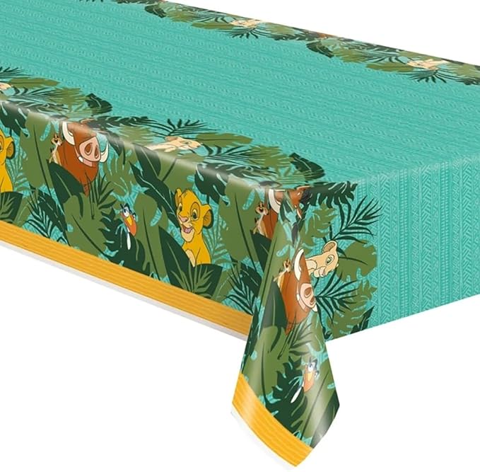 Disney Lion King rectangular plastic table cover featuring vibrant jungle-themed design, perfect for a safari birthday party.
