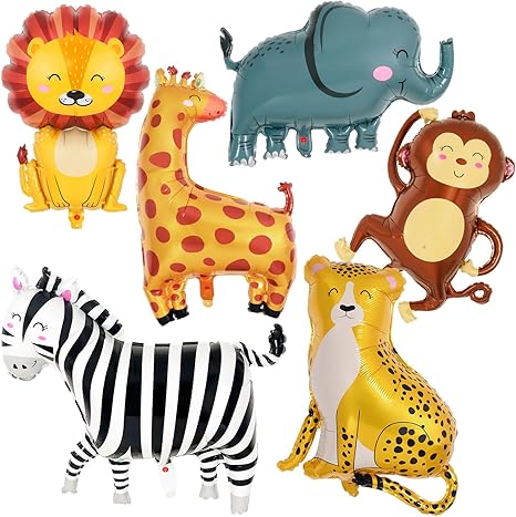 Set of 6 safari animal foil balloons including lion, elephant, cheetah, zebra, and monkey for jungle-themed birthday party.