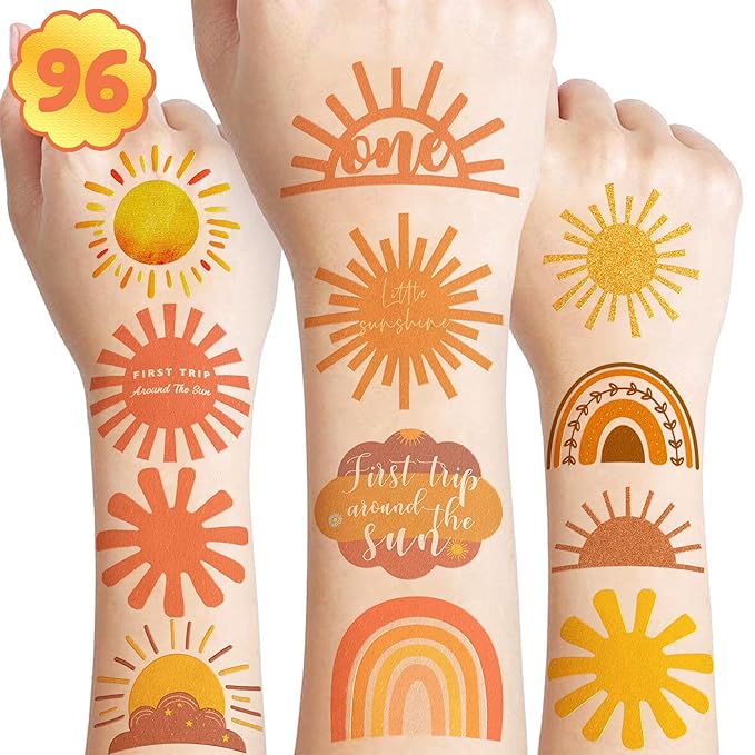 Sunrise-inspired temporary hand art designs, 8 sheets with 96 pieces, ideal for kids’ jungle or safari-themed party activities.