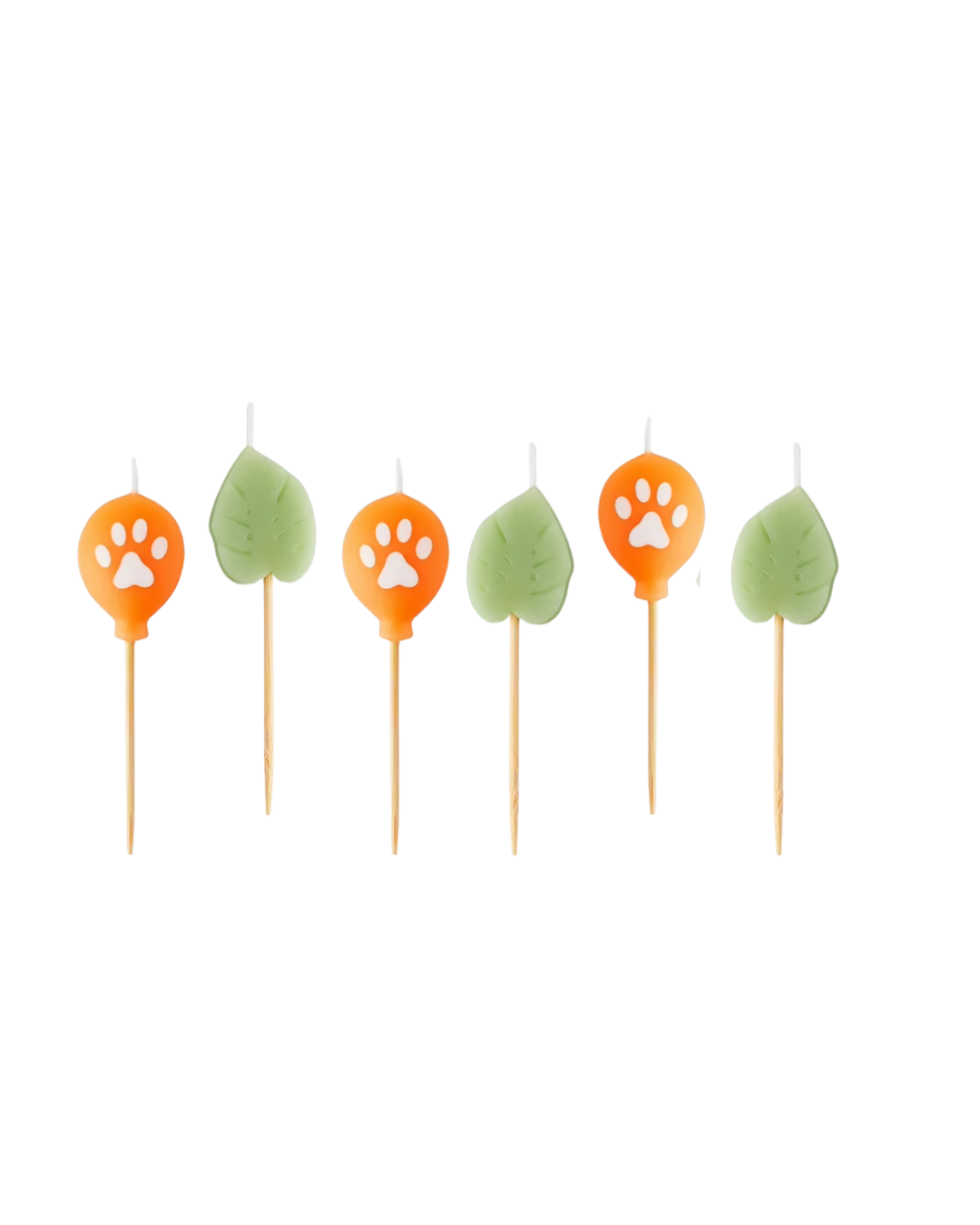 Birthday candles shaped like jungle leaves and paw prints, perfect for a wild one or safari-themed party cake.