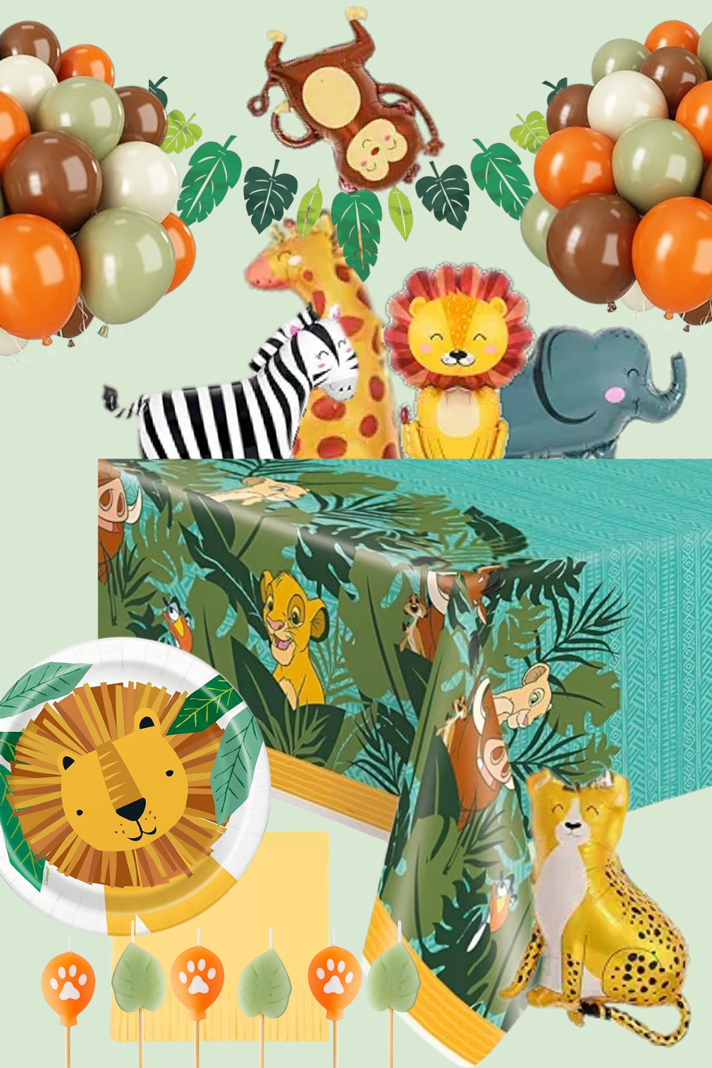 Jungle safari birthday party inspiration featuring lion king tablecloth, animal figurines, vibrant balloons, palm leaf banner, and themed napkins and plates.