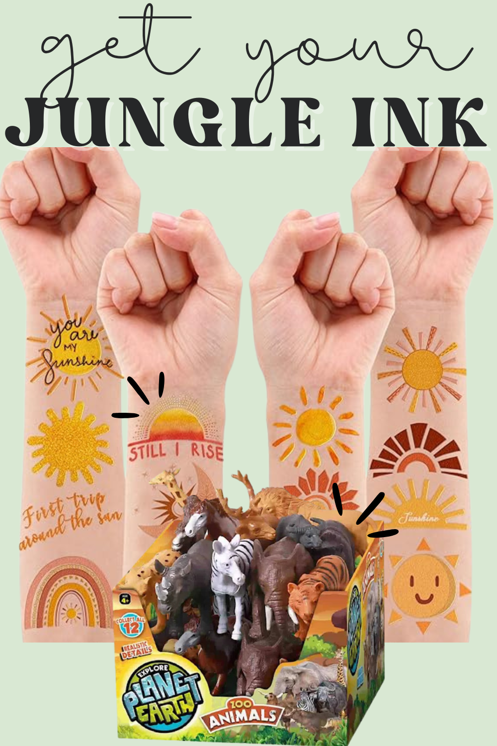 Party favor display featuring Jungle Ink temporary hand art designs and plastic animal figurines for a safari birthday party.