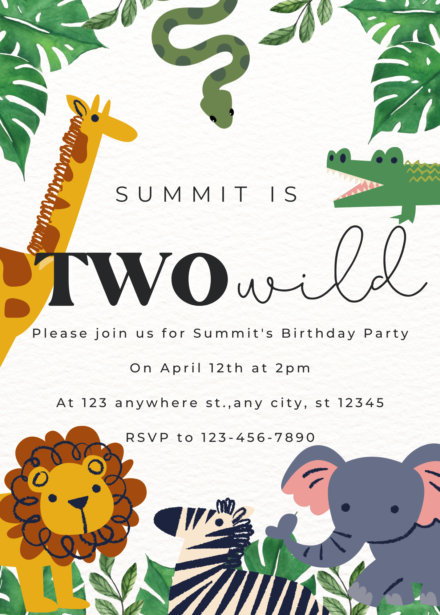 Personalized, downloadable Two Wild Jungle Safari birthday party invitations with playful animal-themed designs, perfect for kids' birthday parties.