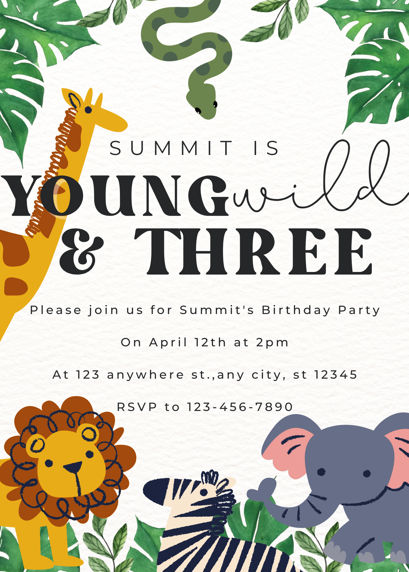 Personalized, downloadable Young, Wild, and Three Jungle Safari birthday party invitations with playful animal-themed designs, perfect for kids' birthday parties.