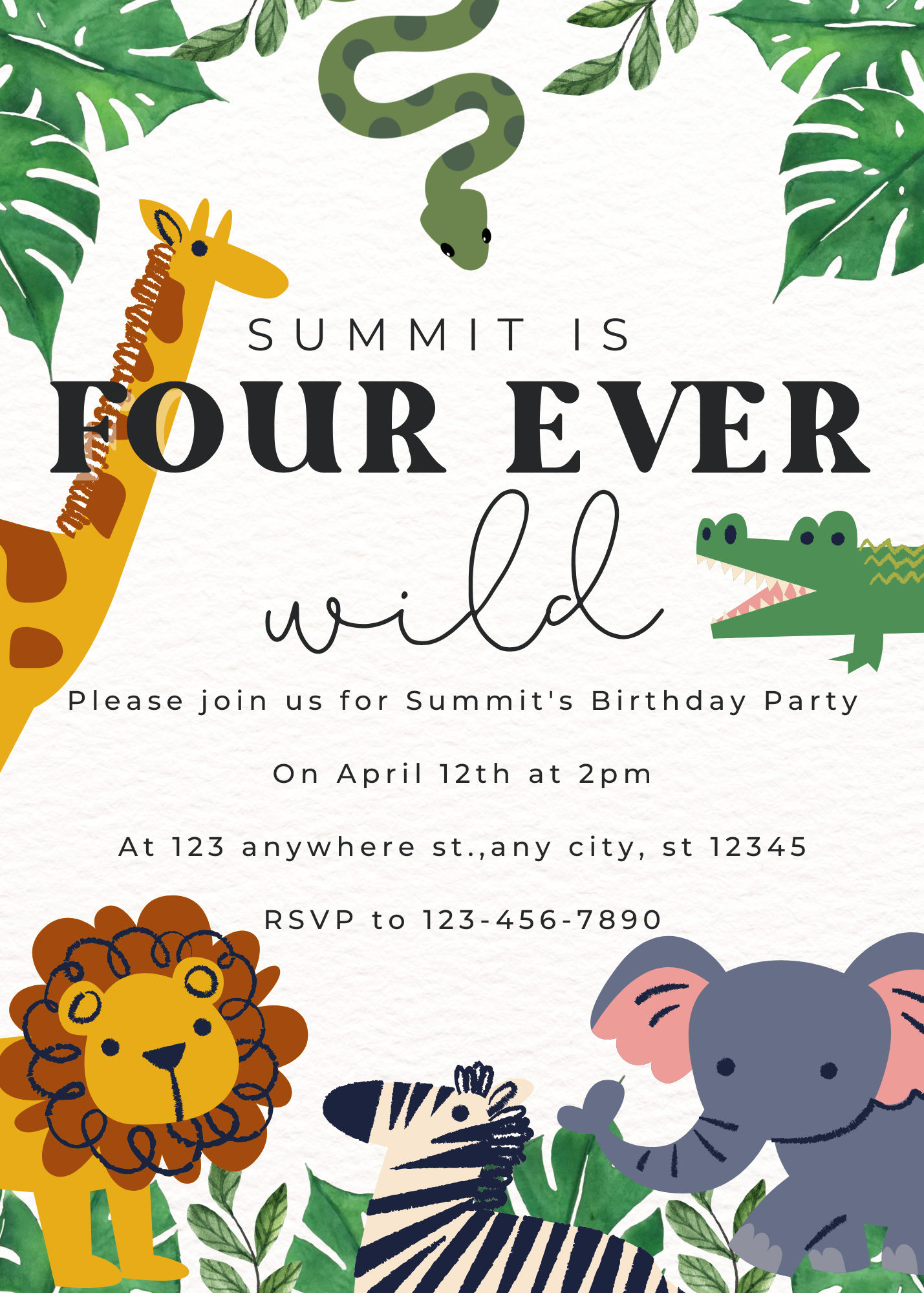 Personalized, downloadable Four Ever Wild Jungle Safari birthday party invitations with playful animal-themed designs, perfect for kids' birthday parties.