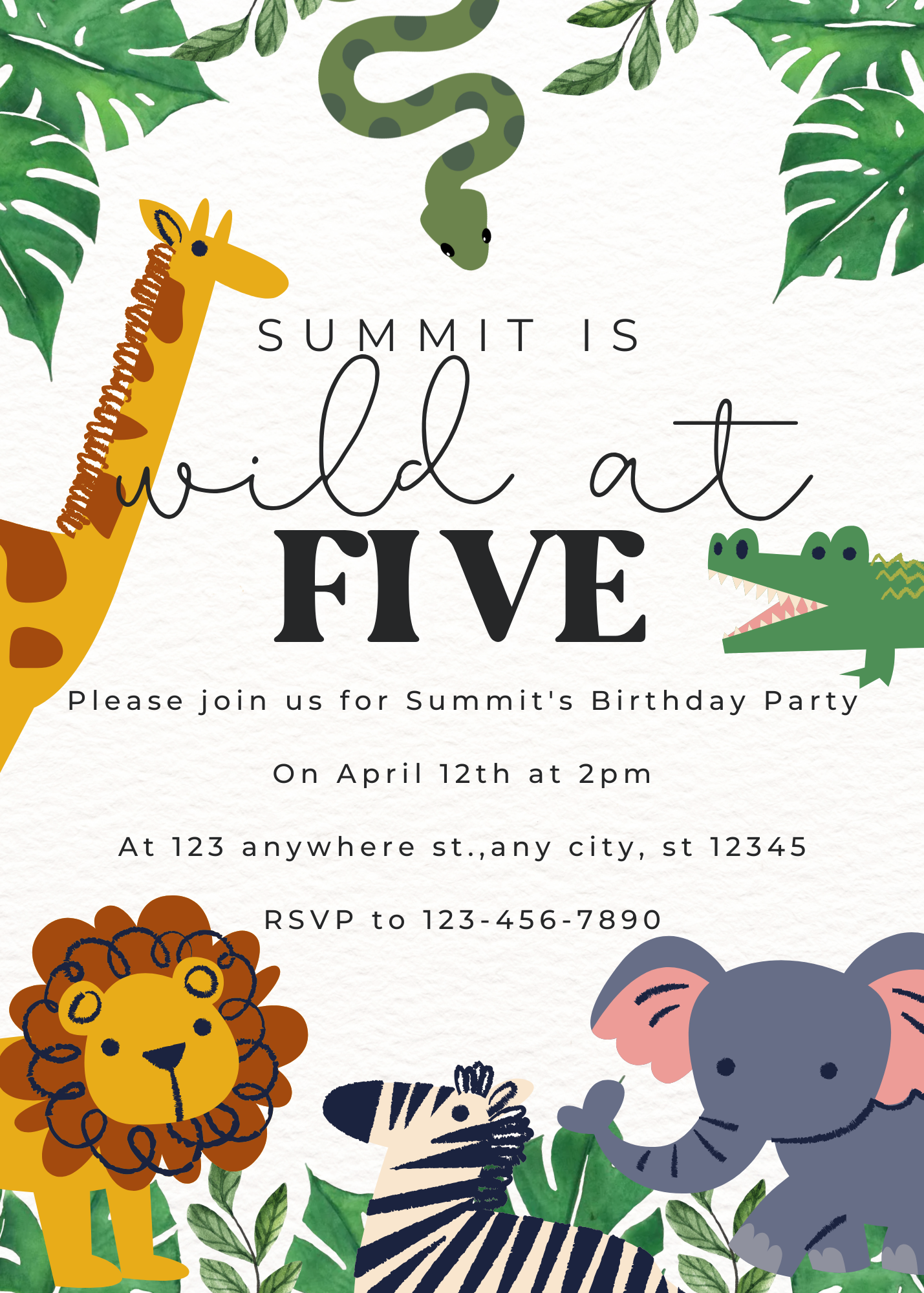 Personalized, downloadable Wild at Five Jungle Safari birthday party invitations with playful animal-themed designs, perfect for kids' birthday parties.