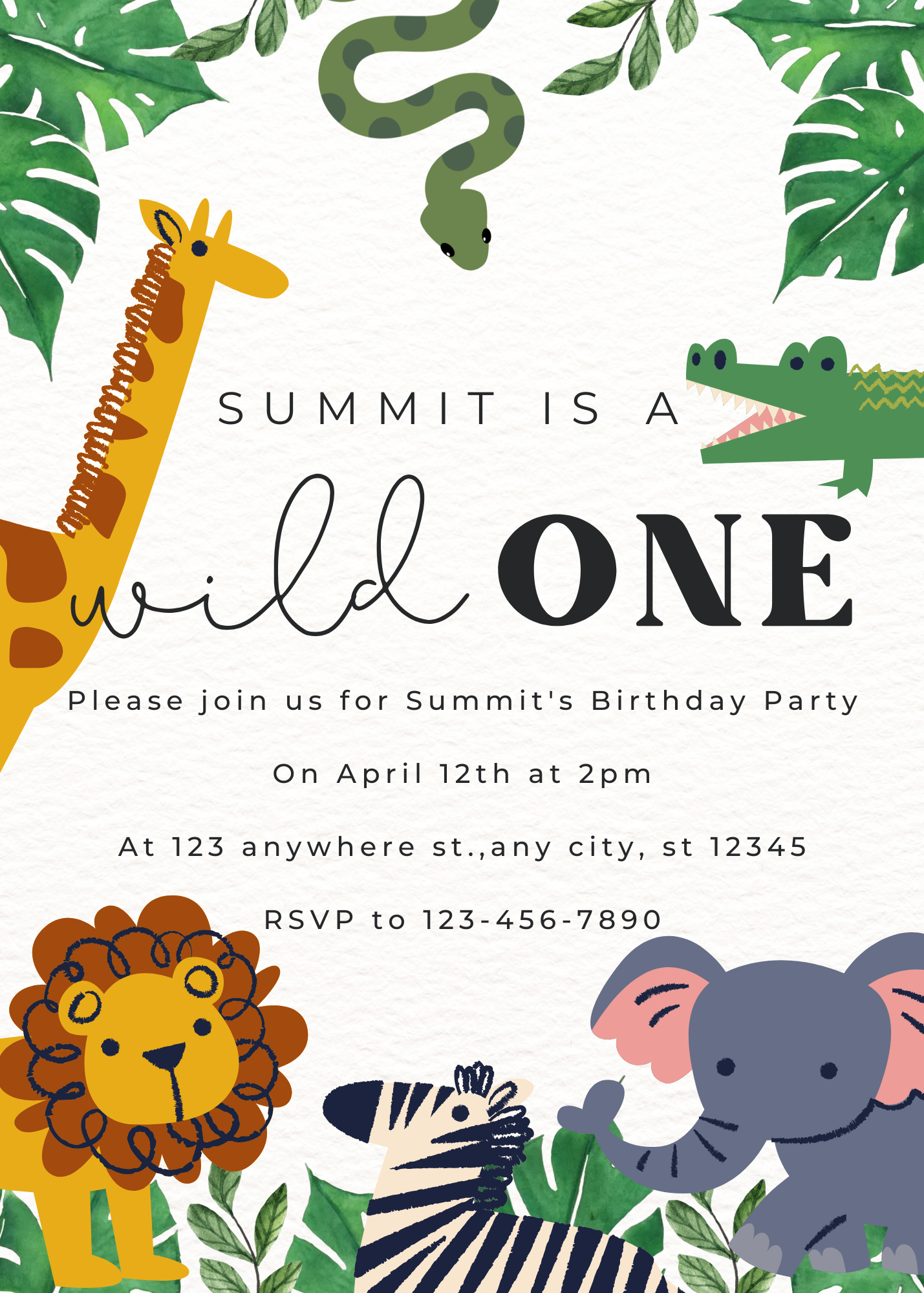 Personalized, downloadable Wild One Jungle Safari birthday party invitations with playful animal-themed designs, perfect for kids' birthday parties.