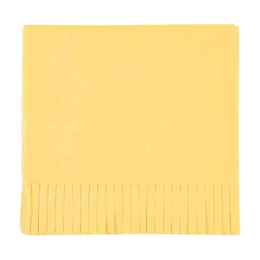 Yellow paper napkin with fringe edges, adding a fun, straw-like texture to jungle or safari-themed party decor.