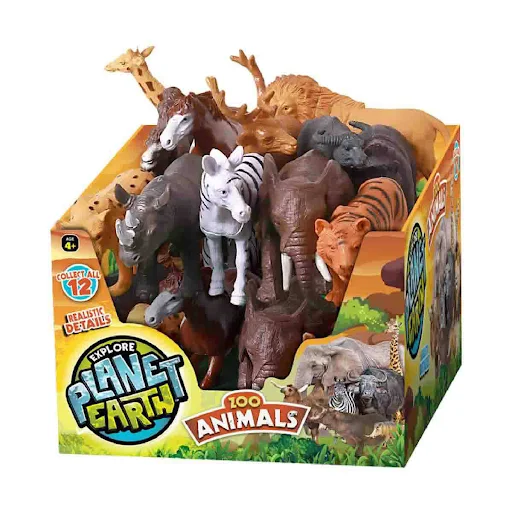 Plastic zoo animal figurines from Explore Planet Earth, including lion, elephant, and zebra—perfect as party favors for a jungle-themed birthday.